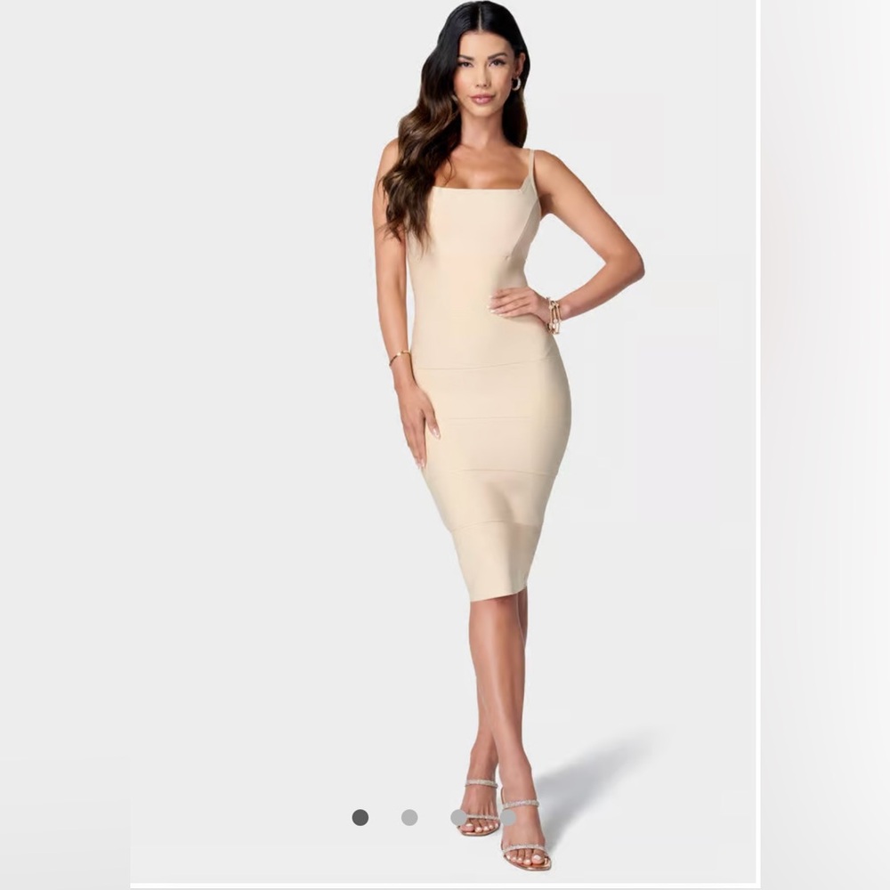 BNWT BeBe Luxe Bandage Square Neck MIDI Dress in Color Champagne Sz: XXL